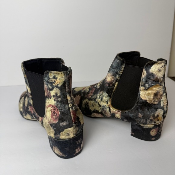 Topshop Floral Velvet Chelsea Ankle Boots Gold Burgundy Low Block Heel Size 7.5 - Picture 2 of 6